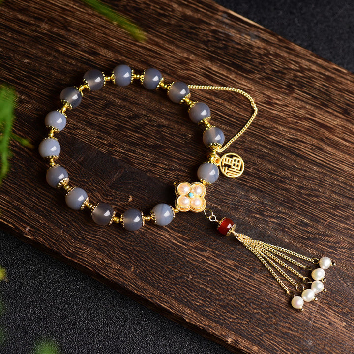 Bransoletka z pereł Fu Character Tassel Balance z Buddha Stones w kolorze szarym i agatem