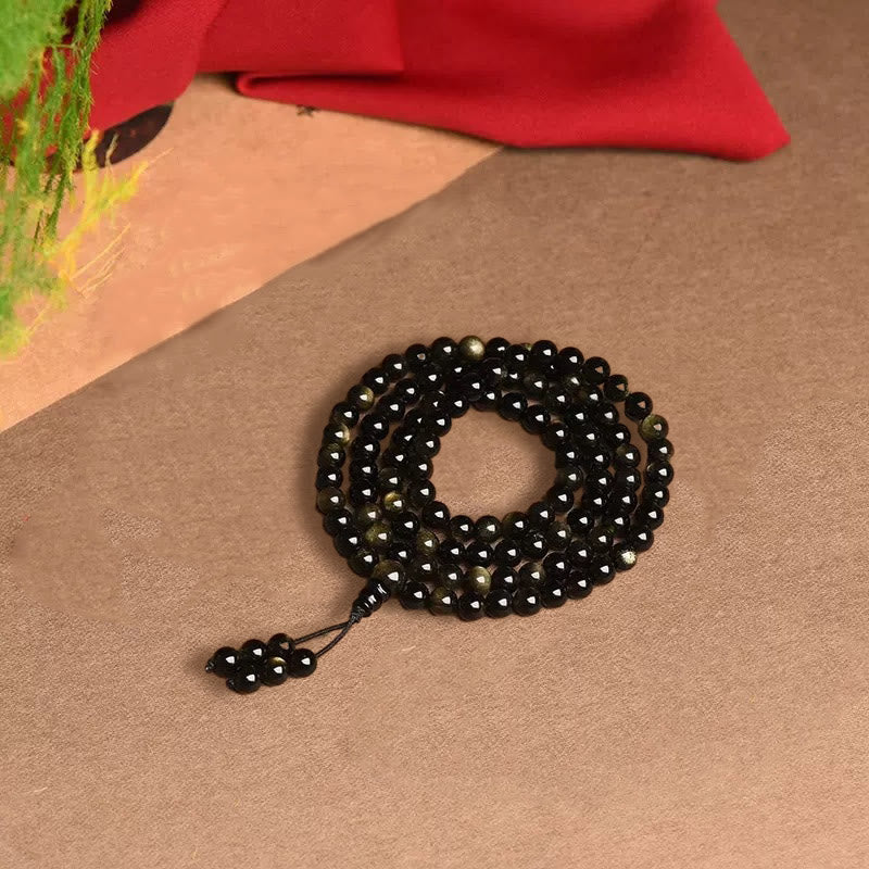 Buddha Stones 108 Mala Beads Naturalny Złoty Połysk Obsydian Bransoletka Bogactwa