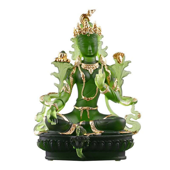 Buddha Stones Bodhisattwa Zielona Tara Ręcznie Robione Liuli Kryształowe Dzieło Sztuki Ochrona Domu Biuro Statua Dekoracja - 16*9,5*22 cm - Złota Zielona Tara - image 19