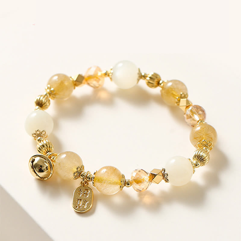 Bransoletka z Buddha Stones 14K pozłacana złotym rutylowym kwarcem Wealth Bell Lucky Fortune Charm