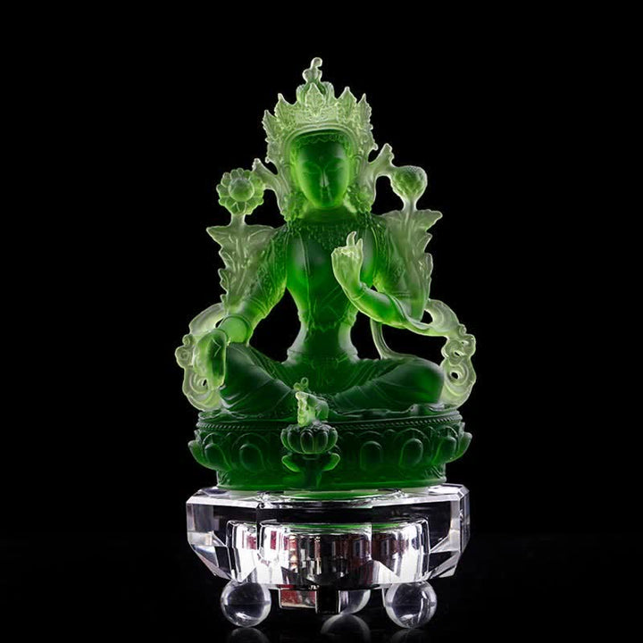 Buddha Stones Bodhisattwa Zielona Tara Ręcznie Robione Liuli Kryształowe Dzieło Sztuki Ochrona Domu Biuro Statua Dekoracja - 8*6*12,8 cm - Zielona Tara i Baza - image 12