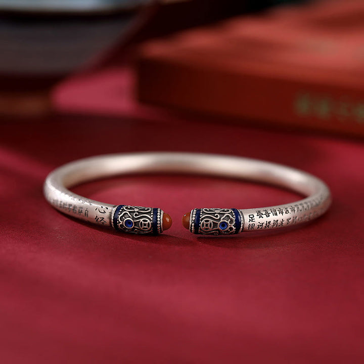 Buddha Stones 999 Srebro Sterlingowe Sutra Serca Grawerowana Czerwona Agatowa Bransoletka Ochronna Bangle - image 4