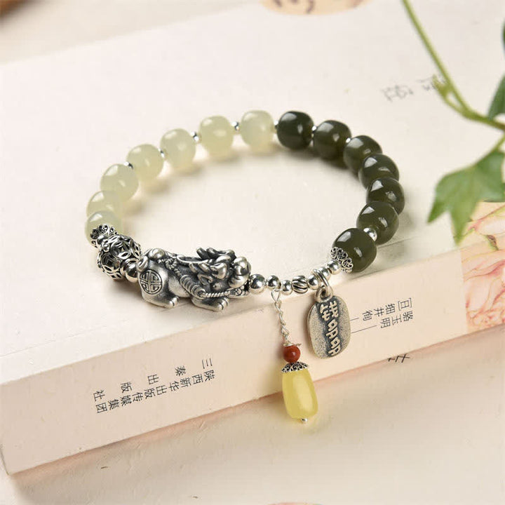 Buddha Stones 925 Srebro Sterling Naturalny Hetian Jade Bursztyn Bransoletka PiXiu Luck