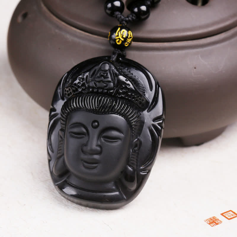 Buddha Stones Naturalny Czarny Obsydian Kwan Yin Awalokiteśwara Siła Naszyjnik Wisiorek - image 9