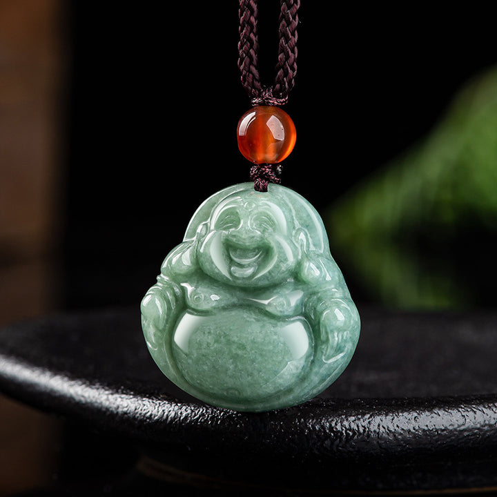Buddha Stones Śmiejący się Budda Cyjan Jade Naszyjnik Sukcesu Wisiorek Sznurkowy - image 6