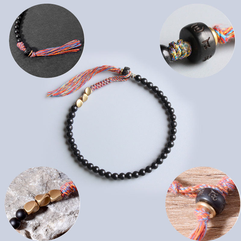 Bransoletka z frędzlami z Buddha Stones wykonana ręcznie z tybetańskiego czarnego onyksu