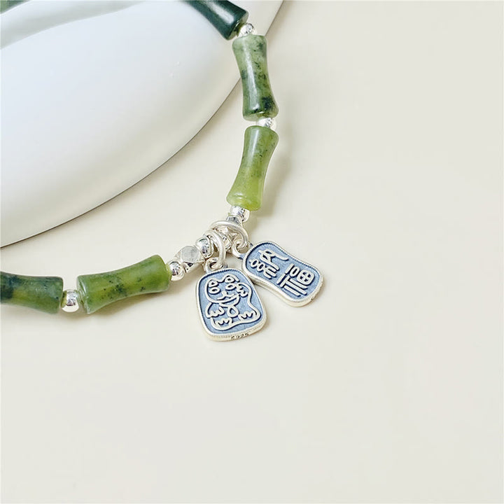 Buddha Stones 925 Srebro Sterlingowe Bambus Jade Lucky Cat Fu Character Luck Abundance Bransoletka - image 3