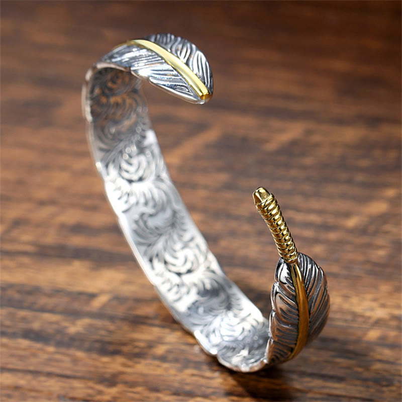 Buddha Stones Wzór Piór Rzeźbiony Szczęście Bogactwo Mankiet Bransoletka Bangle