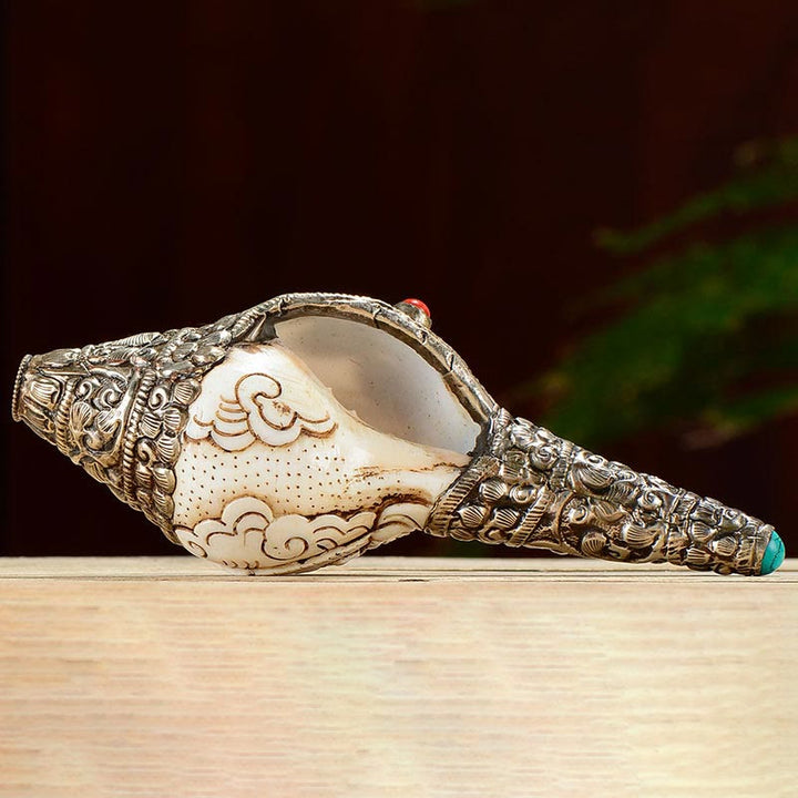 Tybetański ręcznie grawerowany Budda Shankha Muszla Koncha Bogactwo Pozytywna Dekoracja