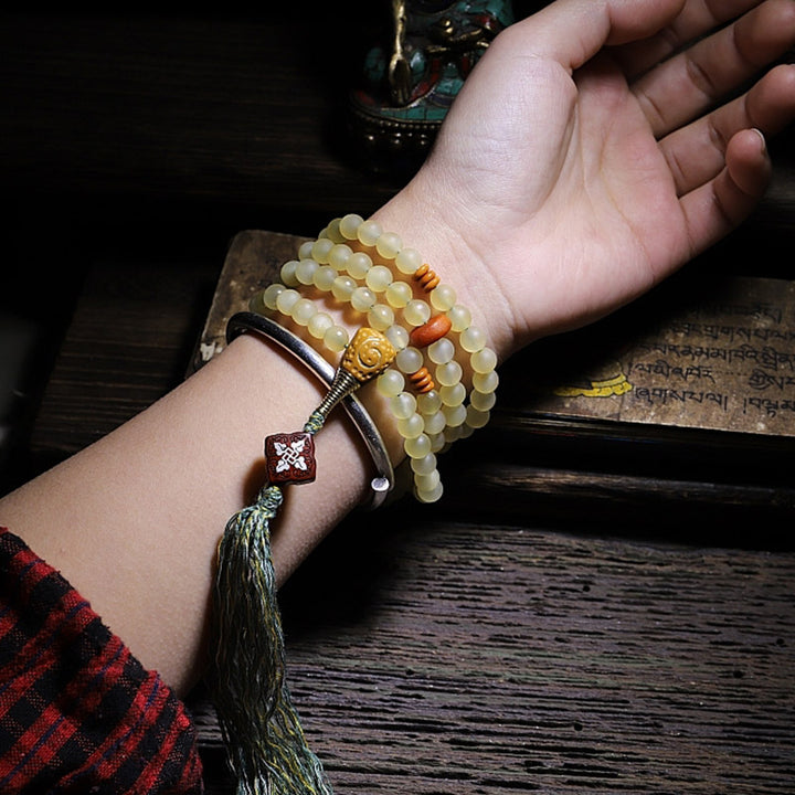 Buddha Stones 108 Mala Koraliki Tybetański Owczy Róg Bursztyn Bransoletka Szczęścia