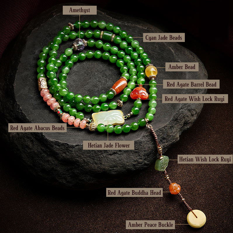 Buddha Stones 108 Mala Beads Cyan Jade Red Agat Bransoletka Szczęścia Śmiejącego Się Buddy