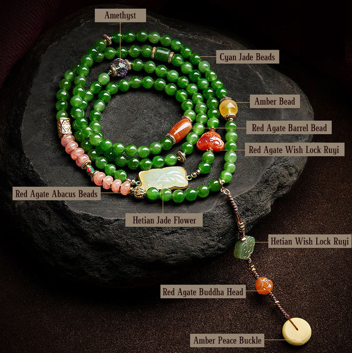 Buddha Stones 108 Mala Beads Cyan Jade Red Agat Bransoletka Szczęścia Śmiejącego Się Buddy