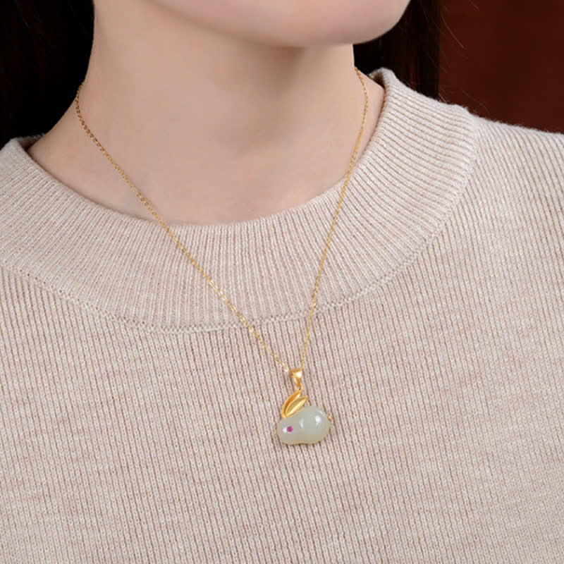 Buddha Stones 925 Srebro Sterling Rok Królika Hetian Jade Pierścień Szczęścia Kolczyki Naszyjnik Wisiorek