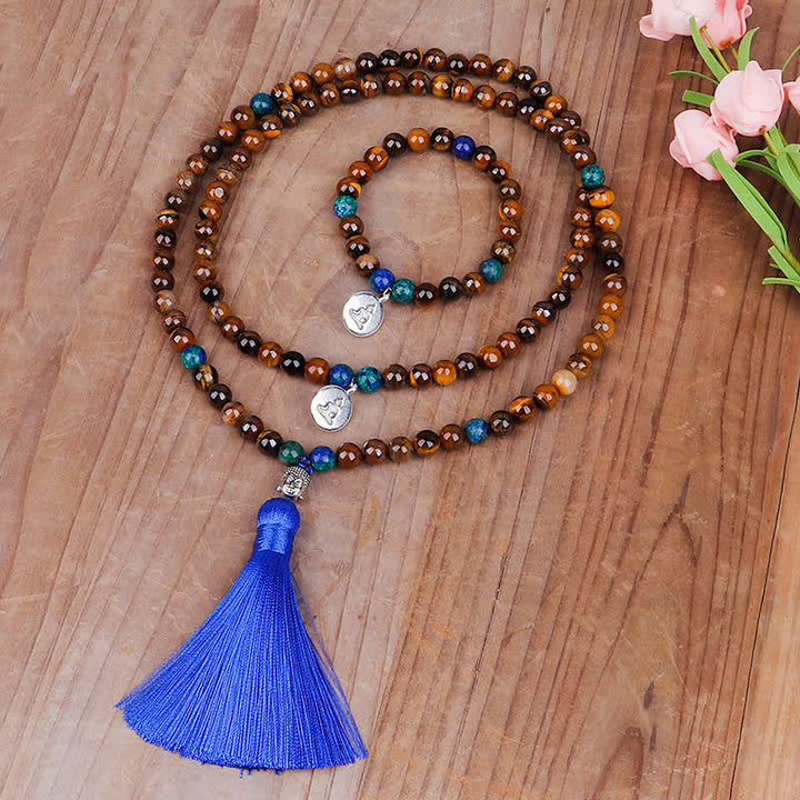 Buddha Stones 108 Mala Koraliki Tygrysie Oko Budda Siła Bransoletka Naszyjnik Wisiorek
