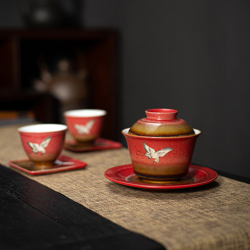 Buddha Stones Czerwony Pomyślny Żuraw Ceramiczny Gaiwan Sancai Filiżanka Kung Fu Filiżanka I Spodek Z Pokrywką