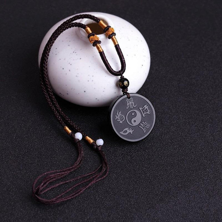 Buddha Stones Naturalny Czarny Obsydian Taoizm Pięć Świętych Gór Dziewięcioznakowa Mantra Rzeźbiona Siła Yin Yang Naszyjnik Wisiorek Brelok - image 3