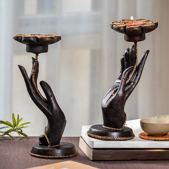 Buddha Stones Wzór Dłoni Drewniany Świecznik Domowy Świecznik Dekoracja