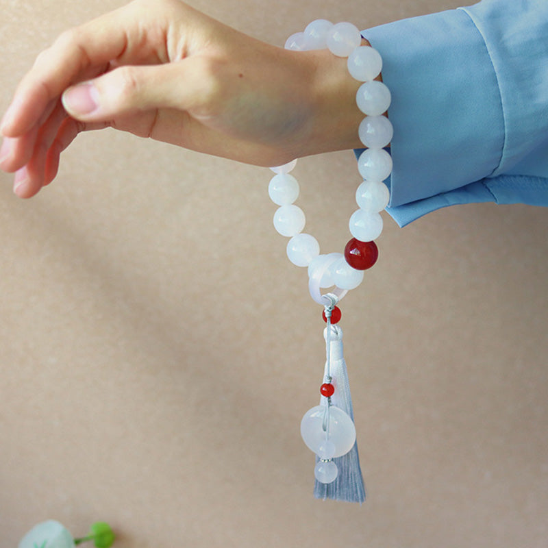 Buddha Stones Biały Agat Czerwony Agat Szczęście Mala Nadgarstek Frędzle Mala Kieszonkowa Dekoracja Samochodowa