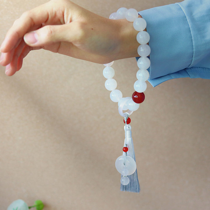 Buddha Stones Biały Agat Czerwony Agat Szczęście Mala Nadgarstek Frędzle Mala Kieszonkowa Dekoracja Samochodowa