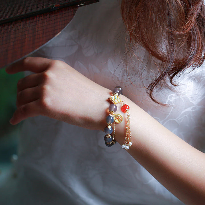 Bransoletka z pereł Fu Character Tassel Balance z Buddha Stones w kolorze szarym i agatem