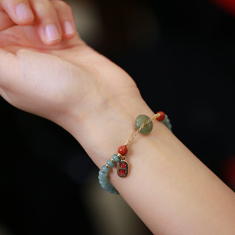 Buddha Stones Naturalny Hetian Jade Czerwony Agat Klamra Pokoju Bransoletka Szczęście Fortuna
