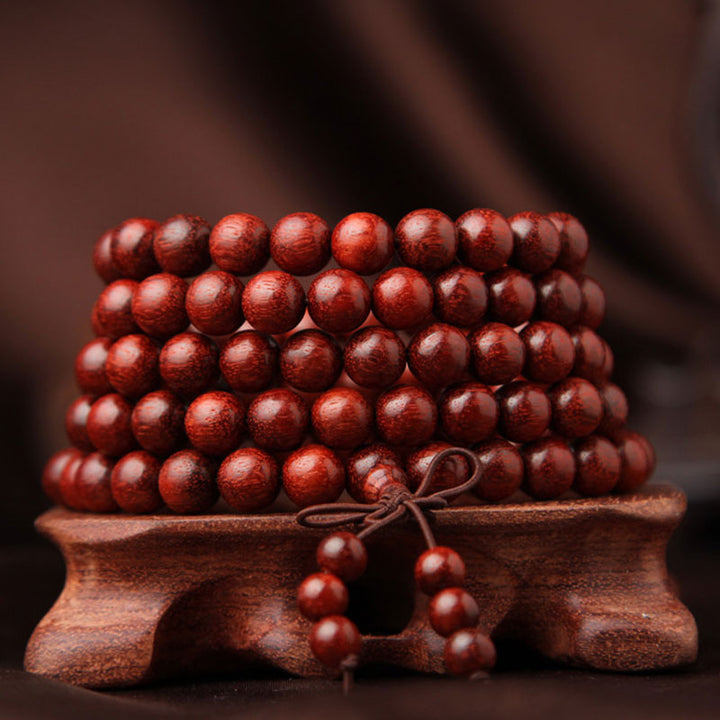 Buddha Stones Tybetańskie Małe Liście Czerwone Drzewo Sandałowe 108 Koralików Mala Medytacyjna Bransoletka