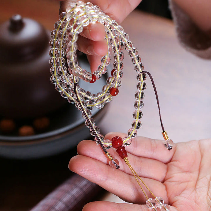 Buddha Stones 108 Koraliki Mala 925 Srebro próby 925 Naturalny Biały Agat Czerwony Agat Bransoletka ochronna Quadruple Wrap