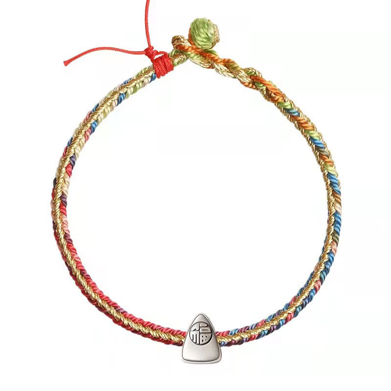 Buddha Stones 925 Srebro Sterlingowe Wzór Fu Zongzi Wielokolorowy Sznur Szczęścia Ręcznie Robiona Bransoletka Pleciona