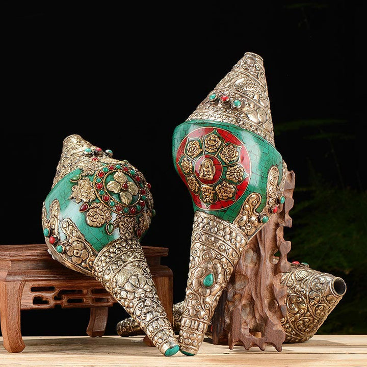 Tybetański ręcznie grawerowany Shankha Double Dorje Budda Conch Shell Wealth Pozytywna dekoracja