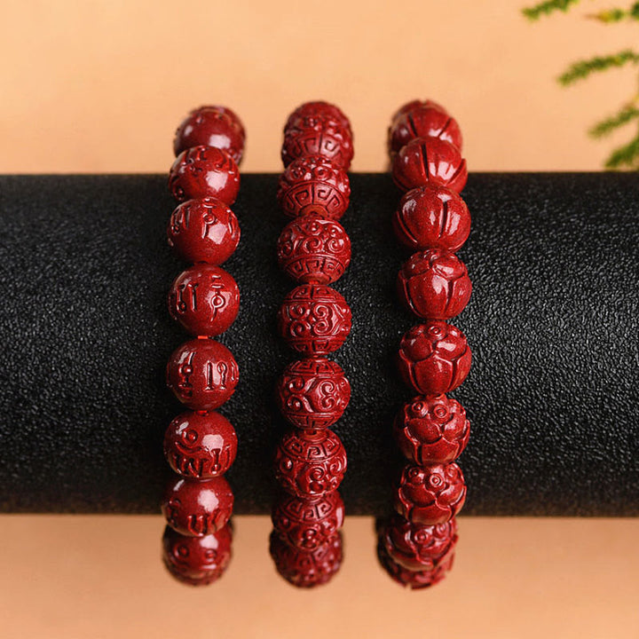 Buddha Stones Naturalne Cynober Om Mani Padme Hum Wzór Progu Bransoletka Błogosławieństwa Lotosu