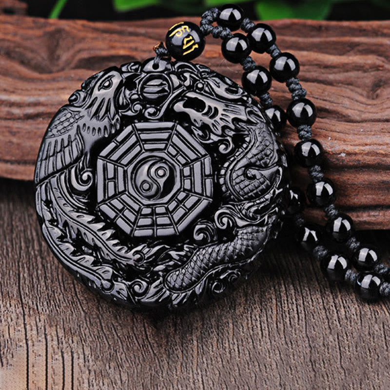 Buddha Stones Naszyjnik z wisiorkiem Bagua Dragon Phoenix Obsydian Spełnienie - image 10
