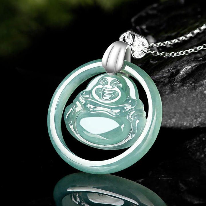 Buddha Stones 925 Srebro Sterlingowe Naturalny Jade Okrągły Śmiejący Się Budda Obfitość Naszyjnik Łańcuch Wisiorek