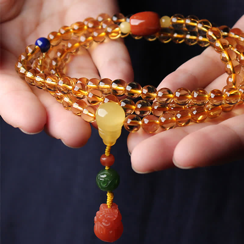 108 Mala Beads Naturalny Cytryn Bursztyn Peace Buckle Czerwony Agat PiXiu Ochrona Bransoletka Charm