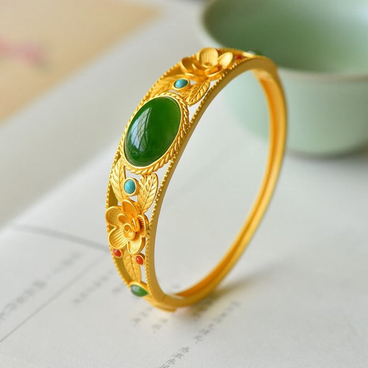 Buddha Stones Cyjan Jade Biały Jade Kwiat Liść Harmonia Szczęście Bransoletka Bangle