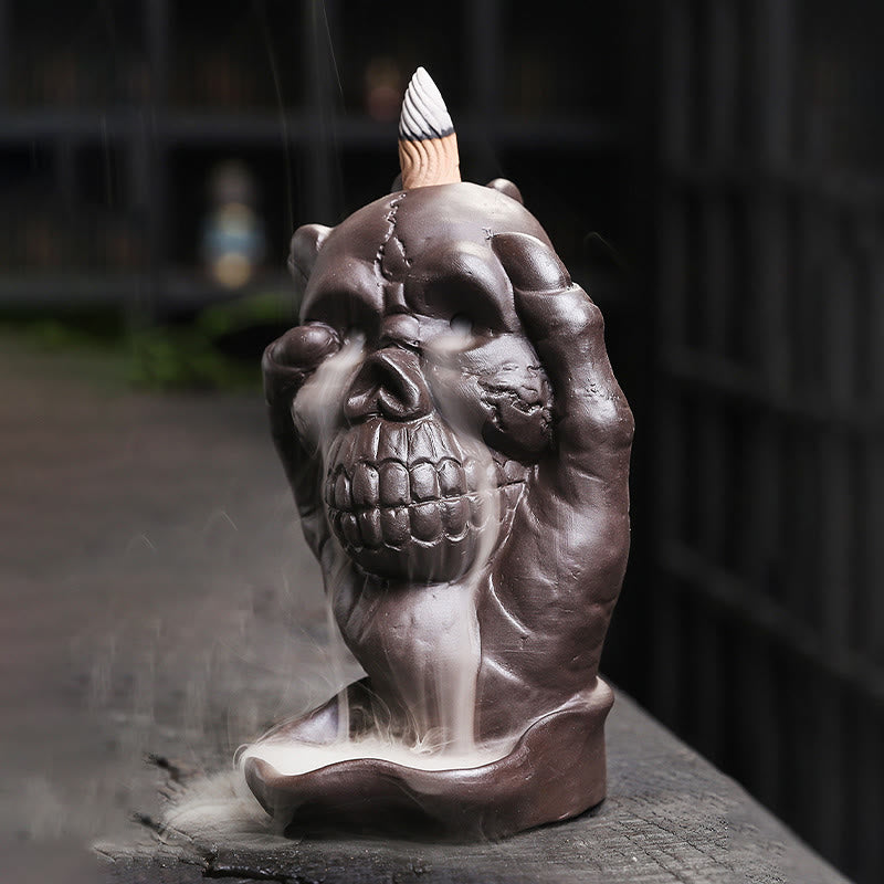Buddha Stones Halloween Czaszka Z Dłonią Ducha Fioletowa Glina Duchowy Kadzielnica Dekoracja