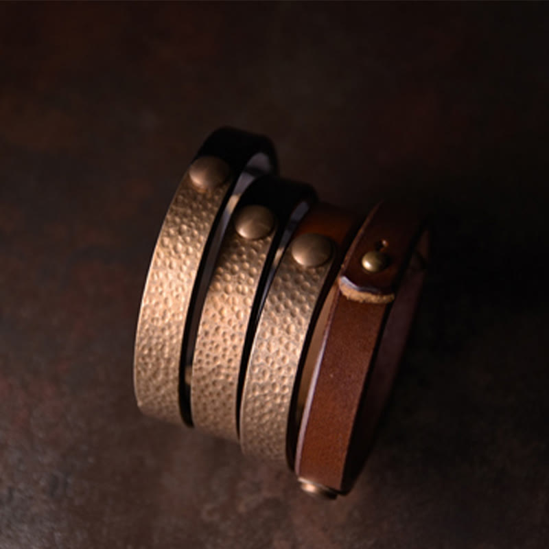 Buddha Stones Vintage Ręcznie Robione Tekstura Miedź Mosiądz Skóra Bogactwo Bransoletka Bangle