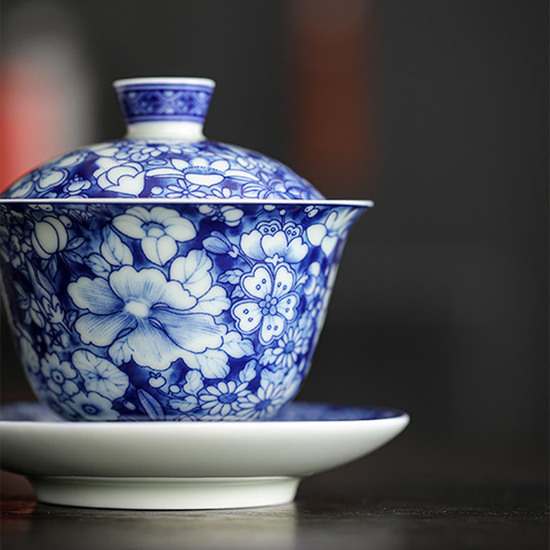 Buddha Stones Vintage Niebieski I Biały Porcelana Ceramiczna Gaiwan Sancai Filiżanka Kung Fu Filiżanka I Spodek Z Pokrywką