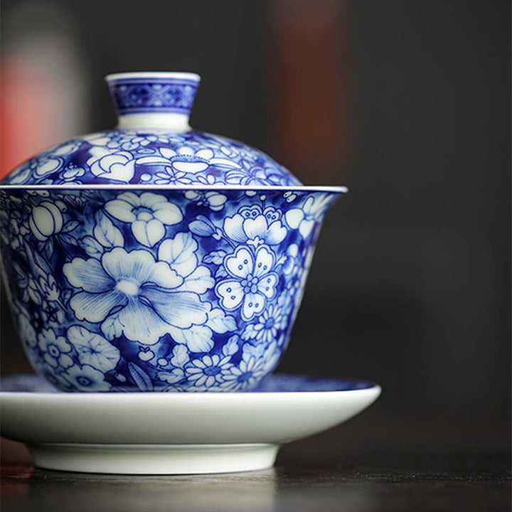 Buddha Stones Vintage Niebieski I Biały Porcelana Ceramiczna Gaiwan Sancai Filiżanka Kung Fu Filiżanka I Spodek Z Pokrywką