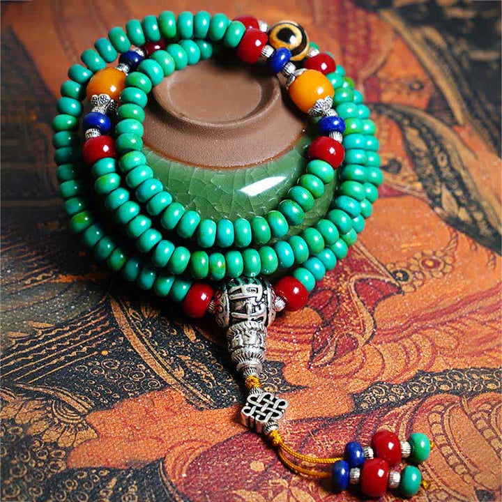 Buddha Stones 108 Mala Koraliki Tybetański Turkus Dzi Koraliki Ochrona Bransoletka