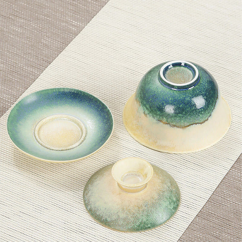 Buddha Stones Zielone Fale Oceaniczne Projekt Porcelany Ceramiczny Gaiwan Sancai Filiżanka Kung Fu Filiżanka I Spodek Z Pokrywką