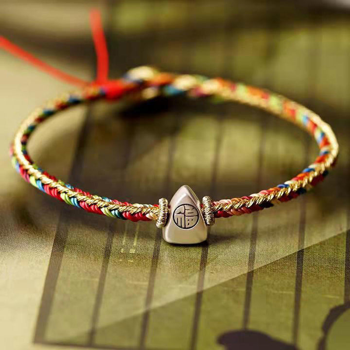 Buddha Stones 925 Srebro Sterlingowe Wzór Fu Zongzi Wielokolorowy Sznur Szczęścia Ręcznie Robiona Bransoletka Pleciona