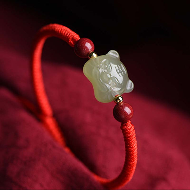 Bransoletka z jadeitu i cynobru z Buddha Stones, szczęście, tygrys