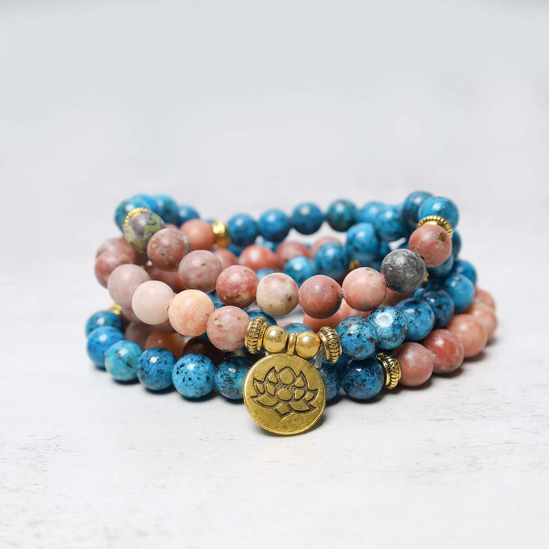 Buddha Stones 108 Mala Koraliki Apatyt Czerwony Kamień Lotos Medytacja Modlitwa Bransoletka Koraliki