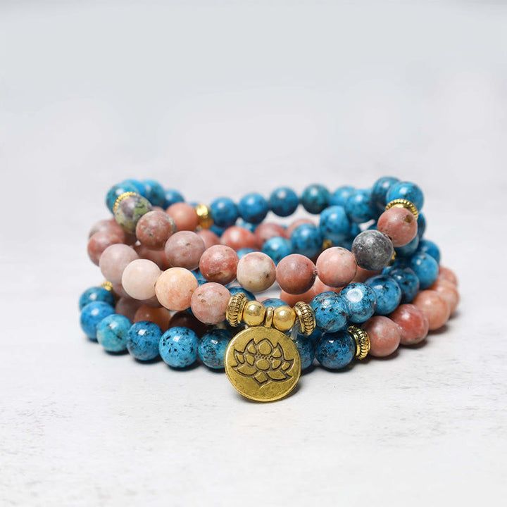 Buddha Stones 108 Mala Koraliki Apatyt Czerwony Kamień Lotos Medytacja Modlitwa Bransoletka Koraliki
