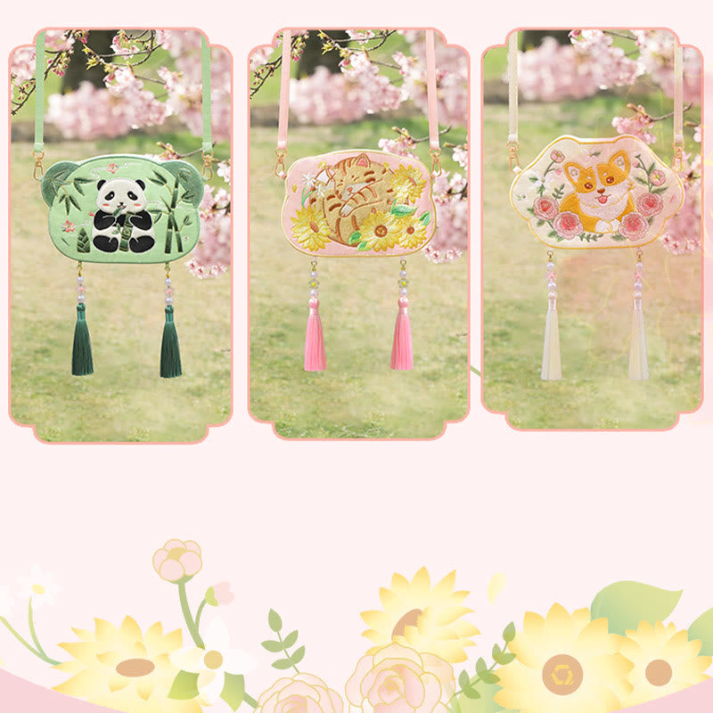 Haft Buddha Stones Szczęśliwa Panda Kot Shiba Inu Jeleń Królik Lis Kwiat Urocze Zwierzę Hanfu Torba Torebka Crossbody Torba Na Ramię