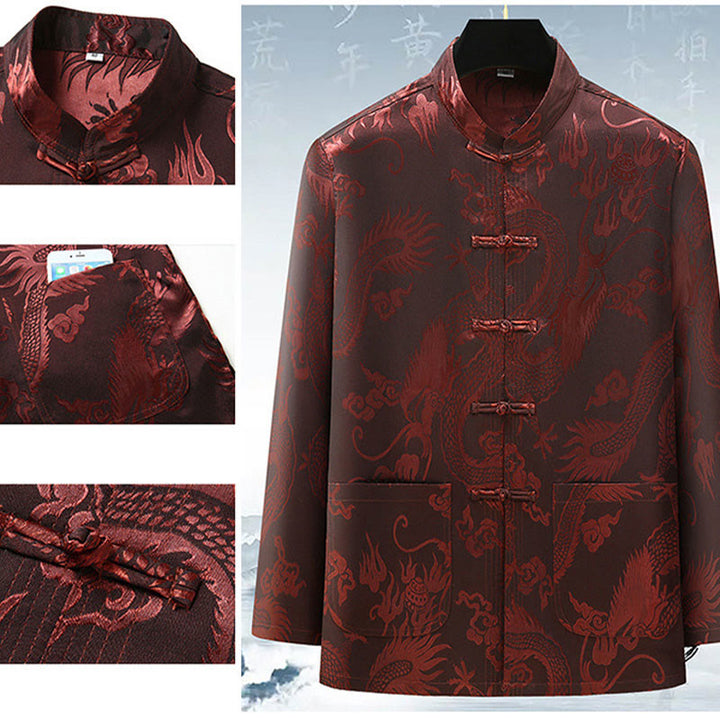 Buddha Stones Tang Suit Mężczyźni Hanfu Chiński Smok Tradycyjne Ubrania Kung Fu Koszula Jednolity Długi Rękaw Płaszcz Bluzki i Spodnie Odzież Męska Zestaw - image 11