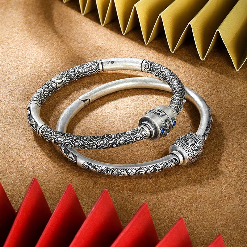 Buddha Stones 990 Srebro Sterling Tybetańskie Pomyślne Chmury Om Mani Padme Hum Grawerowana Bransoletka Kreatywności Bangle