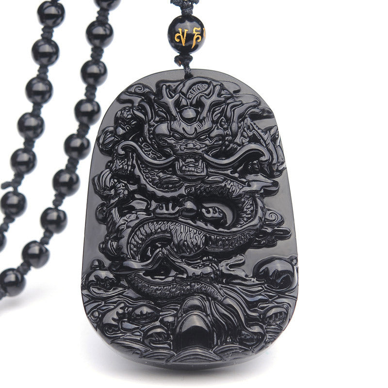 Buddha Stones Naszyjnik z wisiorkiem w kształcie smoka z czarnego obsydianu - Obsydian - image 1