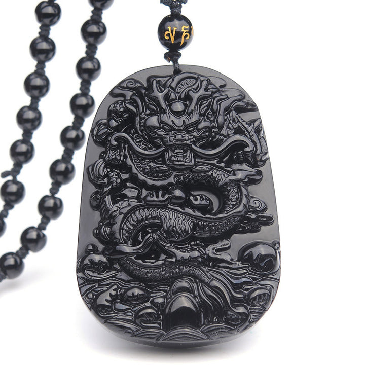 Buddha Stones Naszyjnik z wisiorkiem w kształcie smoka z czarnego obsydianu - Obsydian - image 1