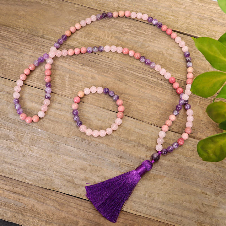 Buddha Stones 108 Mala Beads Ametyst Różowy Kwarc Duchowe Uzdrawiające Bransoletka z Chwostem